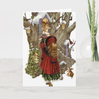 Cartão de Natal com poema de amizade, menina e ani