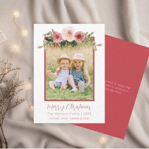 Cartão de Natal com Rosas Pastéis e Foto da Famíli