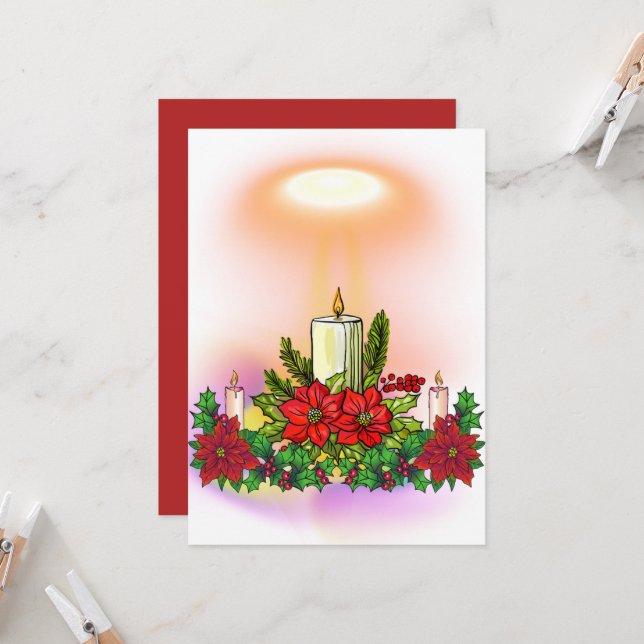 Cartão de Natal com Vela e Poinsettia (Frente/Verso In Situ)