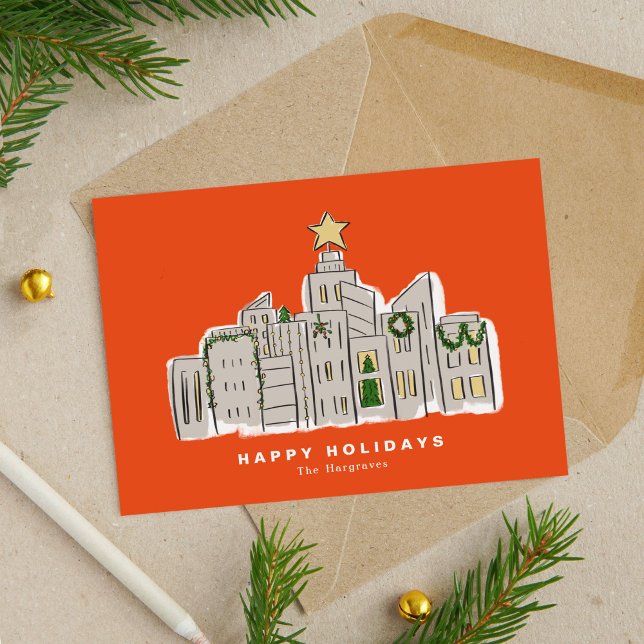 Cartão de Natal Corporativo Skyline da Cidade Verm (Red City Skyline Illustration Corporate Christmas Card)