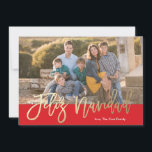 Cartão de Natal da caligrafia da folha do falso de<br><div class="desc">Este cartão de Natal caracteriza a caligrafia da folha de ouro do falso com Feliz Navidad em um fundo vermelho brilhante.</div>