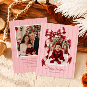Cartão de Natal da Família com Laço Rosa e Vermelh