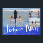 Cartão de Natal da Família Joyeaux Noel Beach<br><div class="desc">Joyeux Noel Cartão de Natal francês numa praia ombre azul inspirada em três design de fotos. Personalizado com três das suas fotos e o nome da sua família. Este cartão de Natal de praia inverte-se para um design de stripe náutica azul e branca no verso.</div>