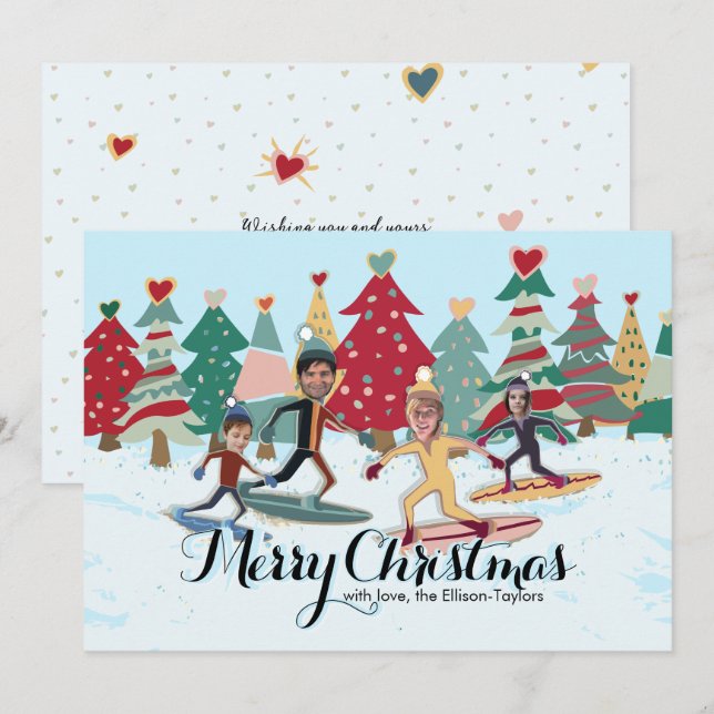 Cartão de Natal da Família Snowboard (Frente/Verso)
