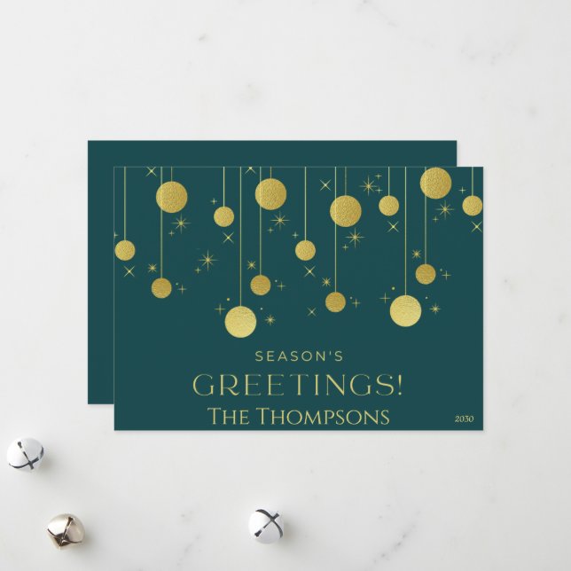 Cartão de Natal da Família Verde e Dourada (Frente/Verso In Situ)