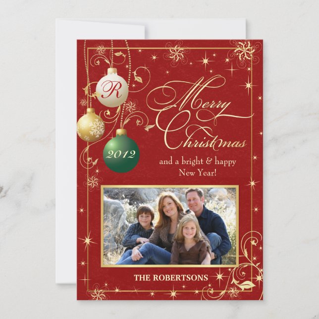 Cartão de Natal da Família Vintage Ornaments (Frente)