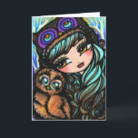 Cartão de Natal da floresta da neve da coruja do<br><div class="desc">Este cartão foi projetado e criado que caracteriza a arte original,  pintado à mão da fantasia de Hannah Lynn. Para aprender mais sobre o artista,  vá a hannanhlynnart.com.</div>