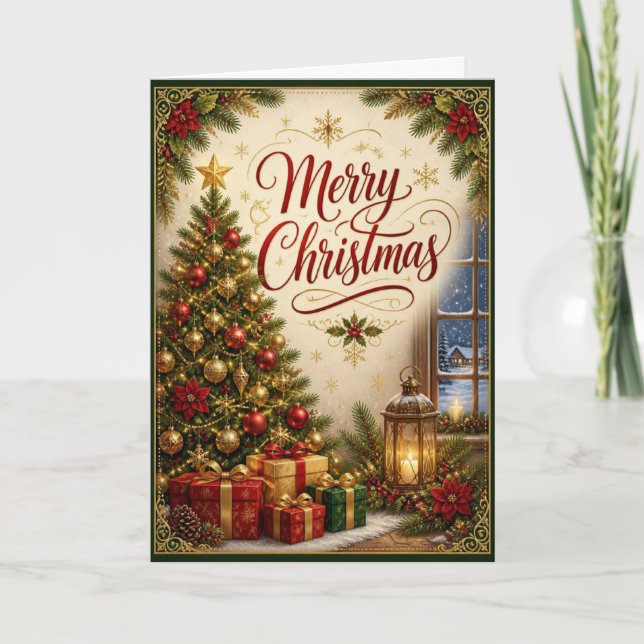 Cartão de Natal da Lanterna de Presentes da Árvore (Frente)