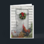 Cartão de Natal da porta de celeiro do Natal<br><div class="desc">Galo de cobre preto impressionante de Marans que suporta seu material na frente do celeiro branco velho da lavagem.</div>