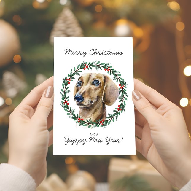 Cartão de Natal Dachshund Holiday Watercolor (Personalize by editing any text on front also verse and greeting inside card.)