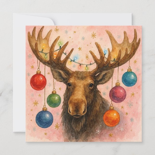 Cartão de Natal de Alce em Aquarela. (Frente)