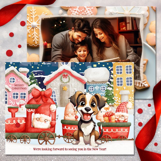 Cartão de Natal de Ano Novo para Pão-Gingerido Bon (A cute Christmas and New Year holiday card featuring Santa in a gingerbread scene with a happy dog)