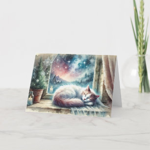 Cartão de Natal de Aquarela de Gato de Inverno