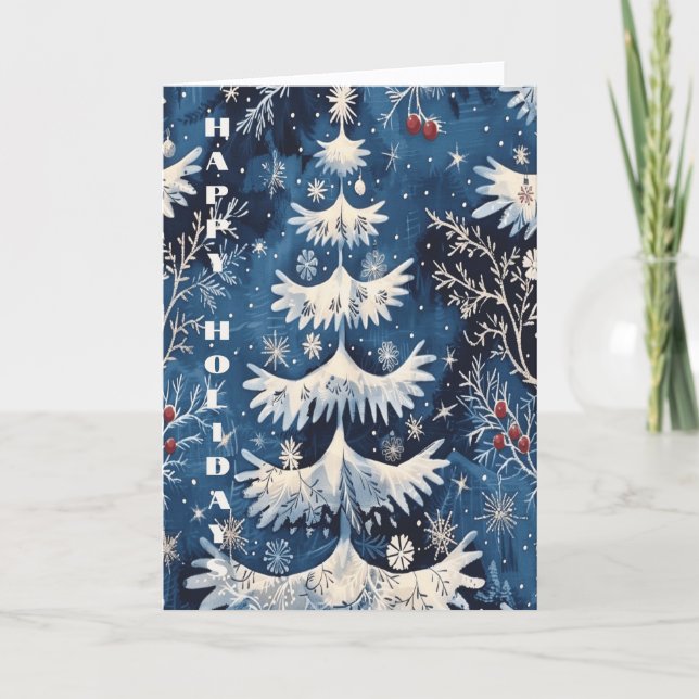 Cartão de Natal de Árvore de Natal Azul Branco (Frente)
