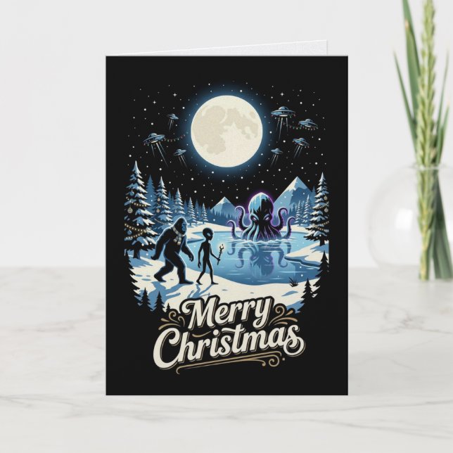 Cartão de Natal de Bigfoot Alien Cryptid UFO (Frente)
