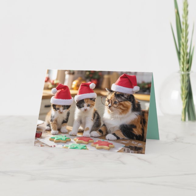 Cartão de Natal de Biscoito de Gato Tricolor Fofo (Frente)