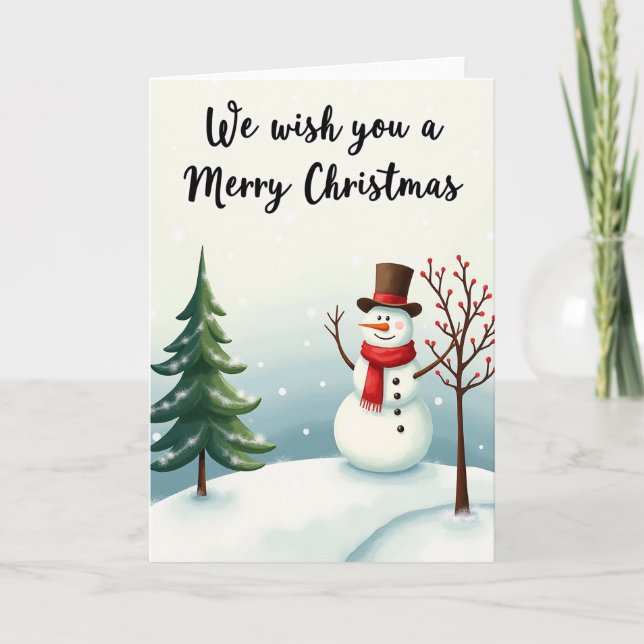 Cartão de Natal de Boneco de Neve na Árvore (Frente)