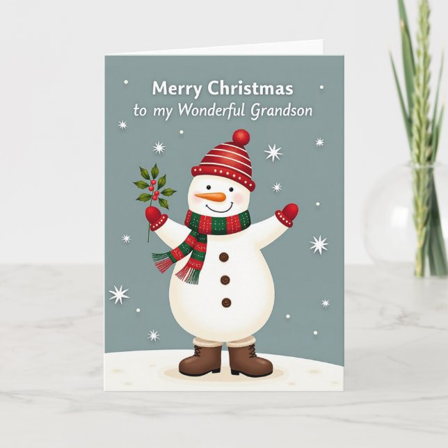 Cartão de Natal de Boneco de Neve para Neto (Frente)