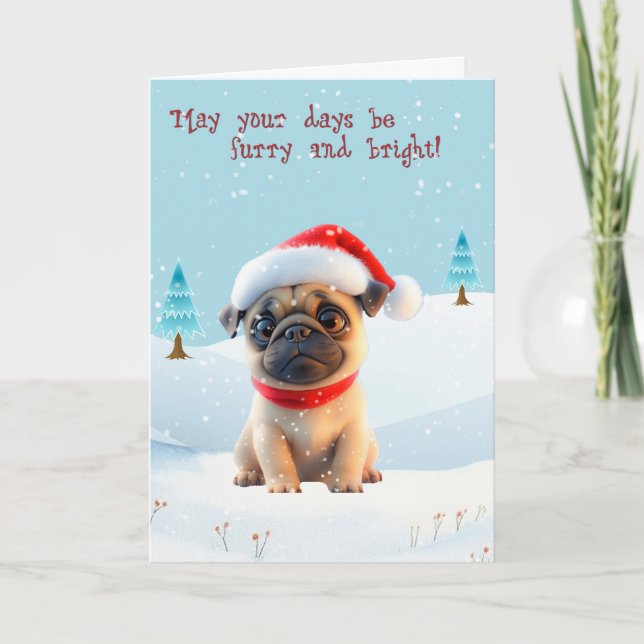 Cartão de Natal de Bonito Pug em Neve (Frente)
