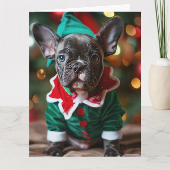 Cartão de Natal De Buldogue Francês Elf (Frente)