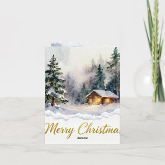 Cartão de Natal de Cabana de Neve em Aquarela – In