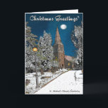 Cartão de Natal de Camberley<br><div class="desc">Cartão de Natal que caracteriza uma imagem sazonal do nighttime da igreja de St Michael em Camberley,  Surrey,  Reino Unido</div>