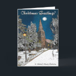 Cartão de Natal de Camberley<br><div class="desc">Cartão de Natal que caracteriza uma imagem sazonal do nighttime da igreja de St Michael em Camberley,  Surrey,  Reino Unido</div>