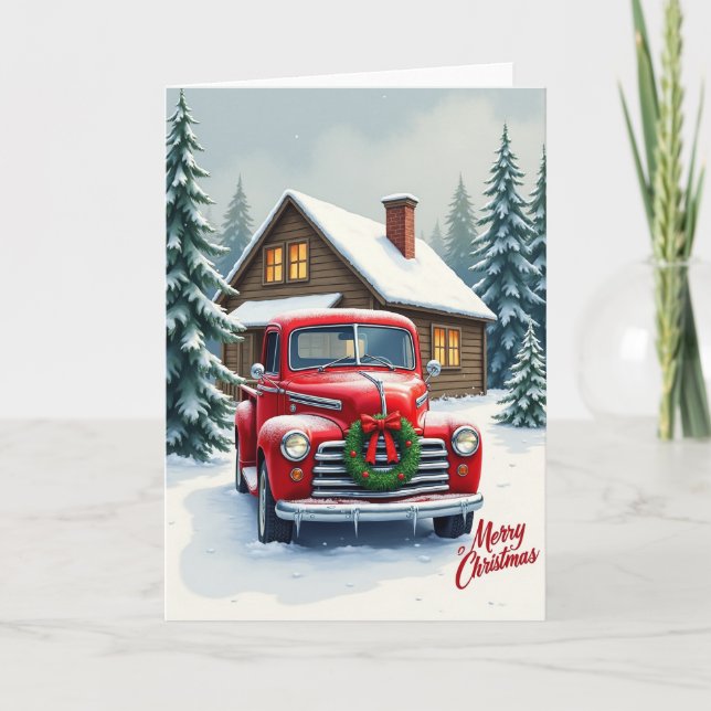 Cartão de Natal de Caminhão Vermelho Clássico (Frente)
