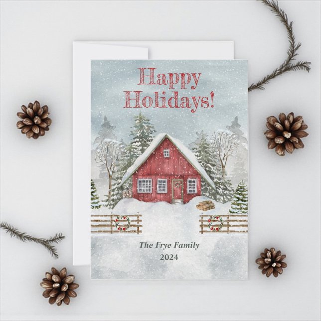 Cartão de Natal de Cartões de natal Personalizado (Happy holidays greeting cards with red winter cottage)