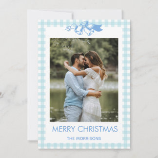 Cartão de Natal de Casal com Foto em Xadrez Azul