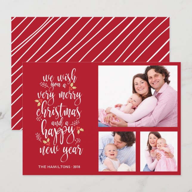 Cartão de Natal de Colagem de Fotos 3 Fotos (Frente/Verso)