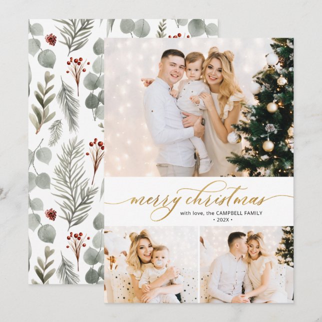 Cartão de Natal de Colagem de Fotos da Folhagem 3  (Frente/Verso)