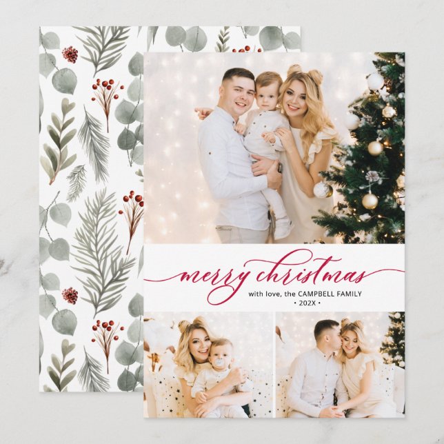 Cartão de Natal de Colagem de Fotos do Red Script  (Frente/Verso)