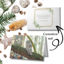 Cartão de Natal de coruja com luzes e neve de feri