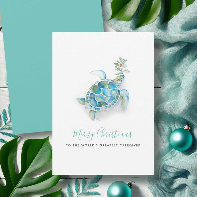 Cartão de Natal de Cuidador de Tartaruga Marinha e (Beach Christmas cards watercolor sea turtle art by Victoria Grigaliunas of Do Tell A Belle)
