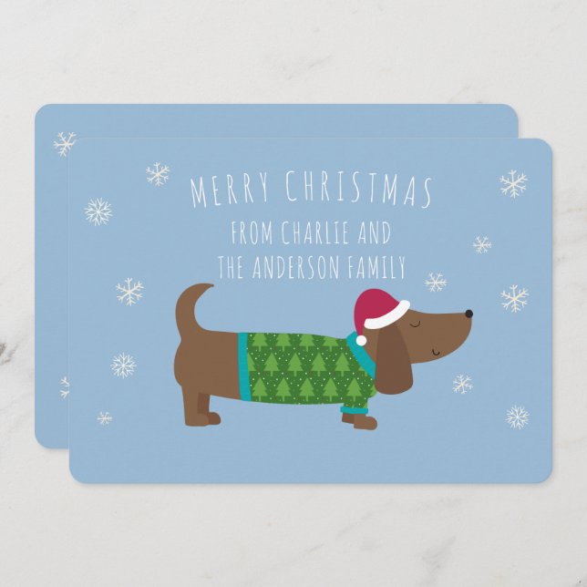 Cartão de Natal de Dachshund Azul Personalizado (Frente/Verso)