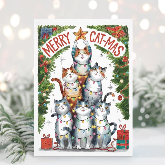 Cartão de Natal de Feliz Engraçado com Aquarela (Funny Cats Christmas Card)