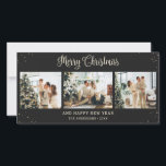 Cartão de Natal de Feliz Foto Preta<br><div class="desc">Foto preta personalizada e elegante Cartões de Natal Feliz com uma colagem fotográfica e neve caindo em um fundo preto. Personalize facilmente este cartão de Natal preto,  com a letra manuscrita,  com as suas imagens favoritas e um nome de família.</div>