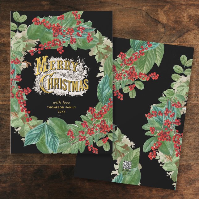 Cartão de Natal de Feriado Dourado Preto (Black Gold Script Holiday Merry Christmas Card)