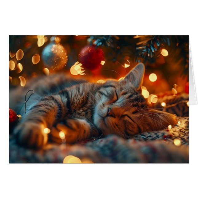 Cartão de Natal de Férias com Gato Fofo Dormindo (Frente Horizontal)