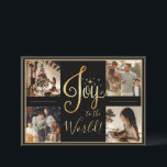 Cartão de Natal de Férias Dourado com Foto de Aleg<br><div class="desc">Cartão de férias de colagem de 4 fotos de alegria para o mundo. Fundo preto chique. Adicione suas fotos familiares favoritas para personalizar. Adicione sua mensagem pessoal no verso do cartão. Altere o ano no verso do cartão. Elegante. Tão simples,  mas chique.</div>