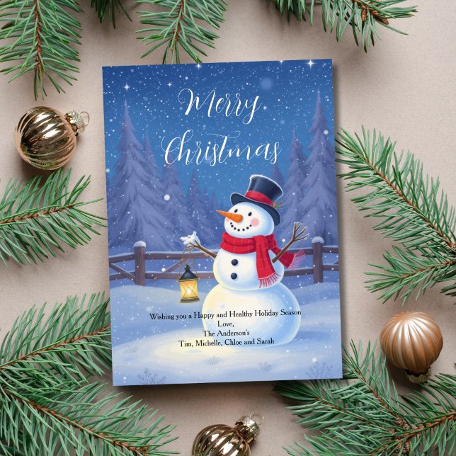 Cartão de Natal de Férias Neves do Inverno (Snowy Winter Scene with Snowman Christmas Holiday Card. Printed or Digital Download)
