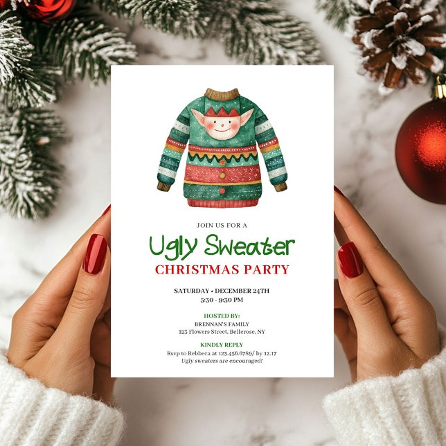 Cartão de Natal de Festa com Suéter Feio e Diverti (Playful Funny Ugly Sweater Xmas Party Card)