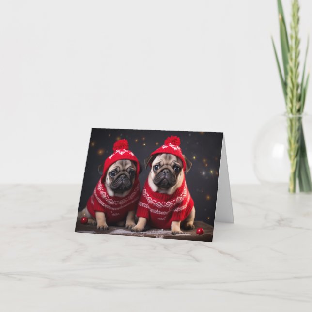 Cartão de Natal de Filhotes de Pug (Frente)