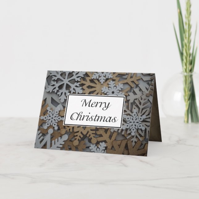 Cartão de Natal de floco de neve branco e dourado  (Frente)