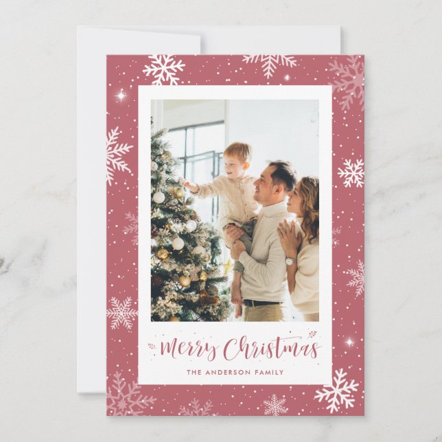 Cartão de Natal de Floco de Neve Rosa (Frente)