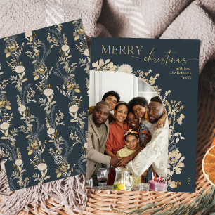 Cartão de Natal de Foto Azul Dourado Elegante 1