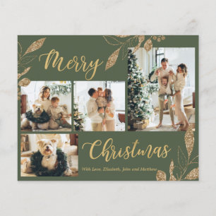 Cartão de Natal de Foto Dourada Verde Elegante par