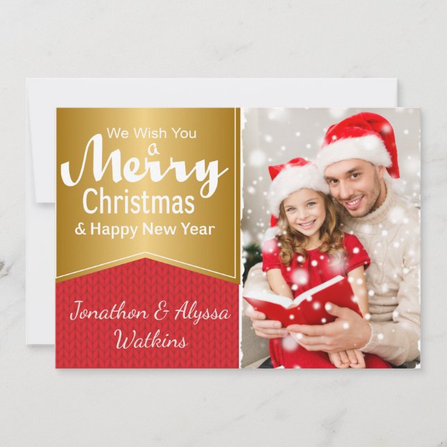 Cartão de Natal de Foto Vermelho e Dourado (Frente)