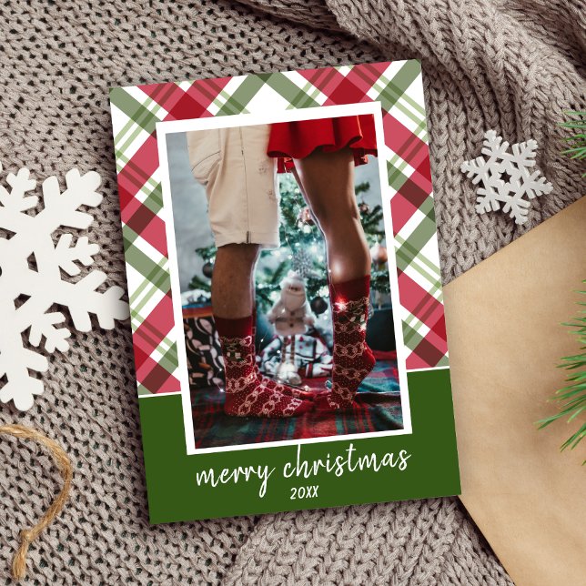 Cartão de Natal de Fotografia Xadrez Vermelha e Ve (Red and Green Plaid Photo Christmas Card)